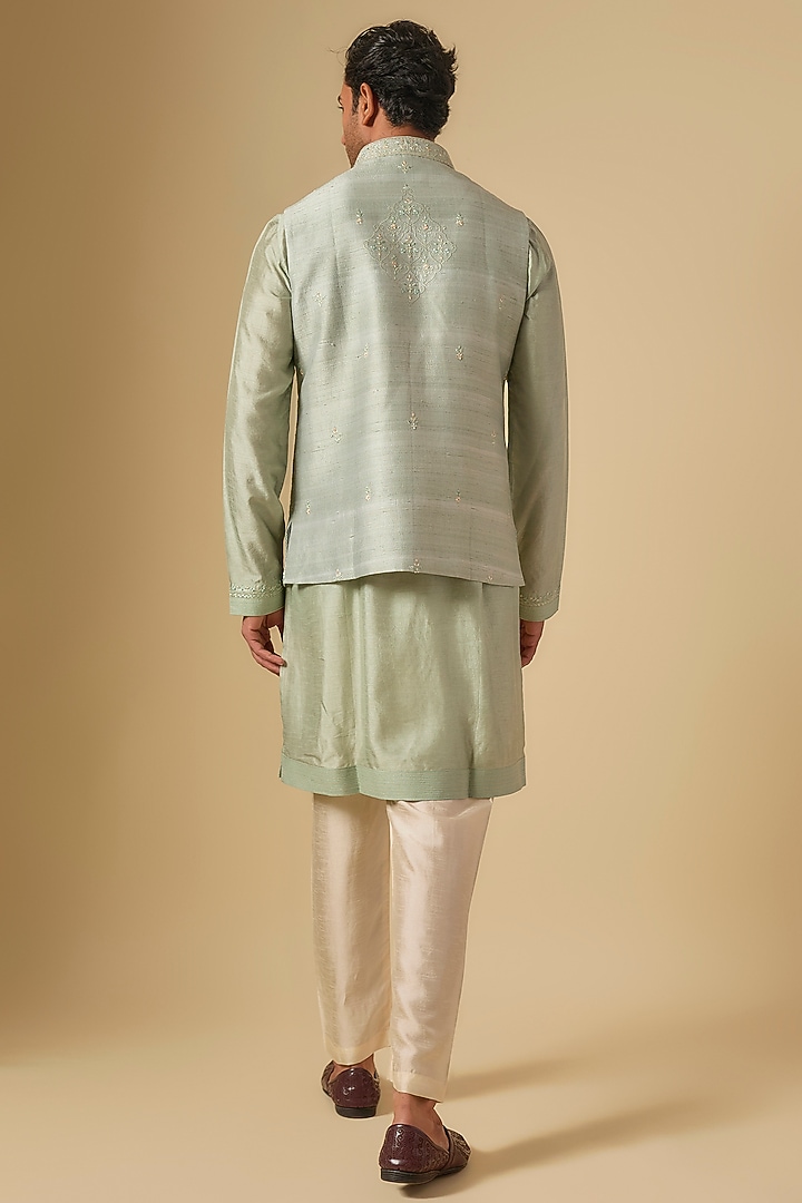 Olive Soft Silk Bundi Jacket Set by Vanshik at Pernia's Pop Up Shop