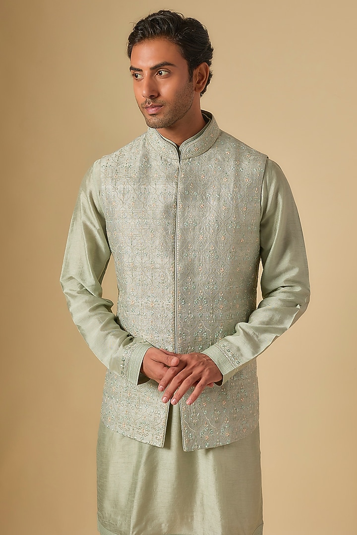 Olive Soft Silk Bundi Jacket Set by Vanshik at Pernia's Pop Up Shop