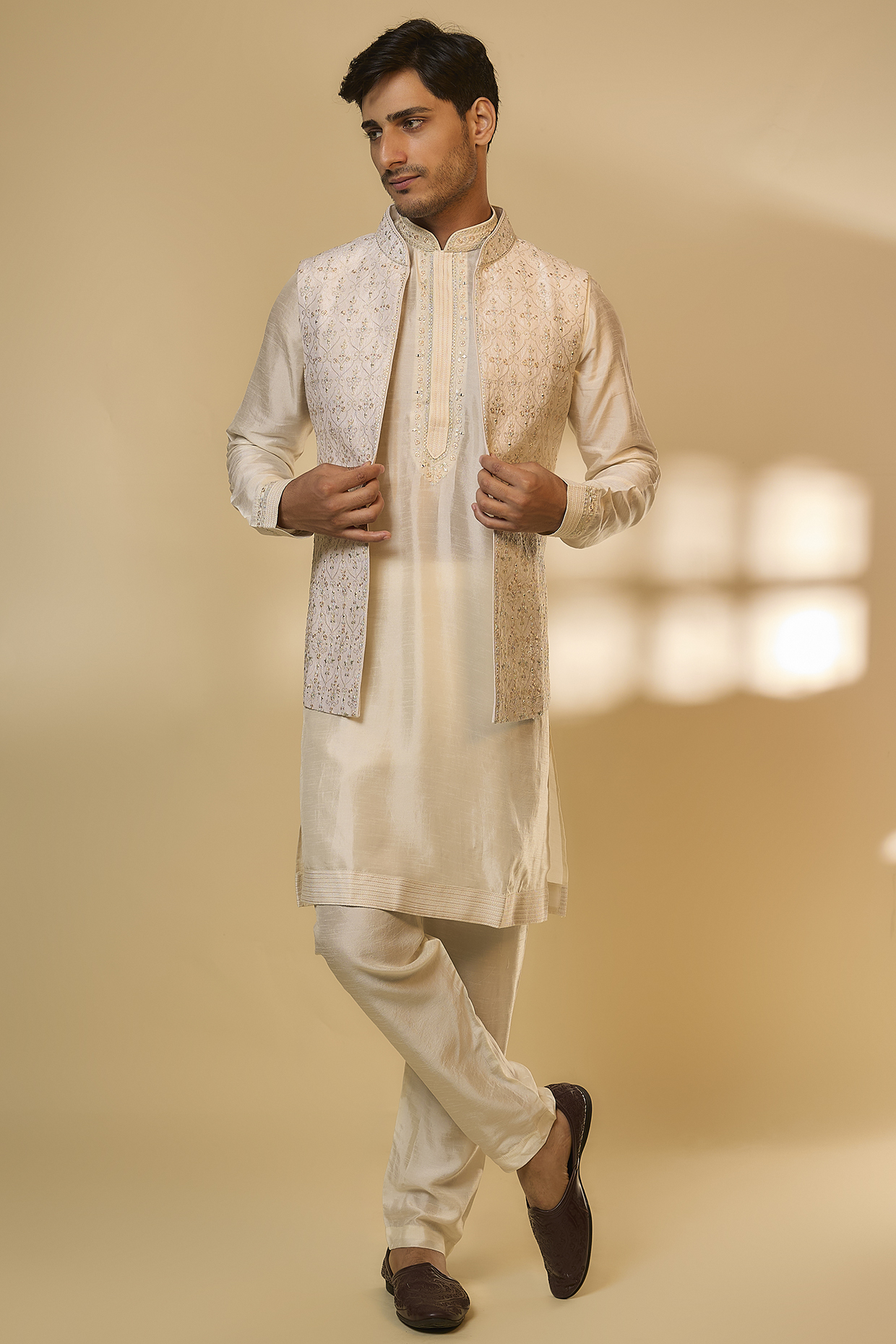 Pearl White Silk Self Embroidered Bundi Set by Vanshik