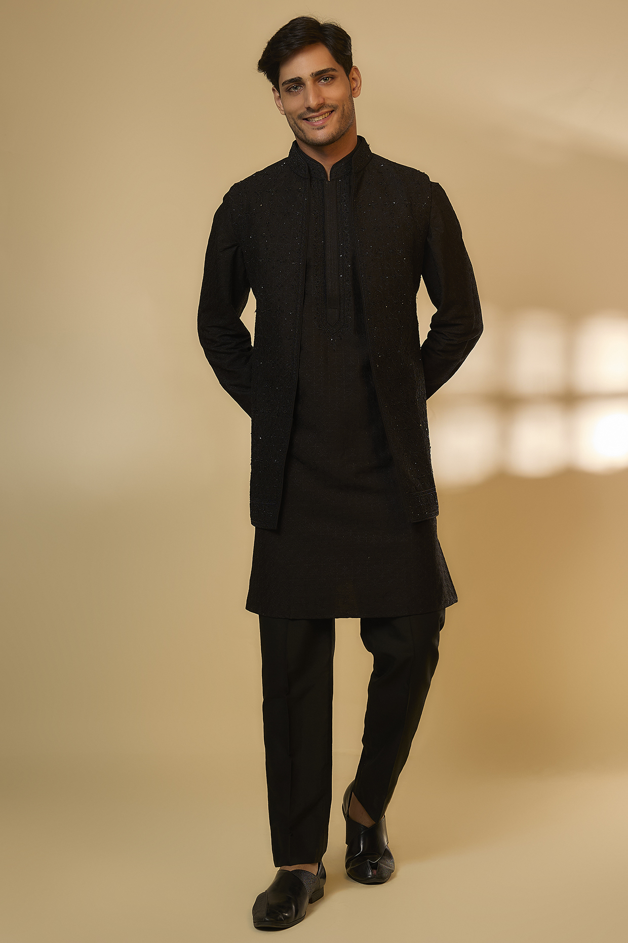 Black Silk Self Embroidered Bundi Set by Vanshik