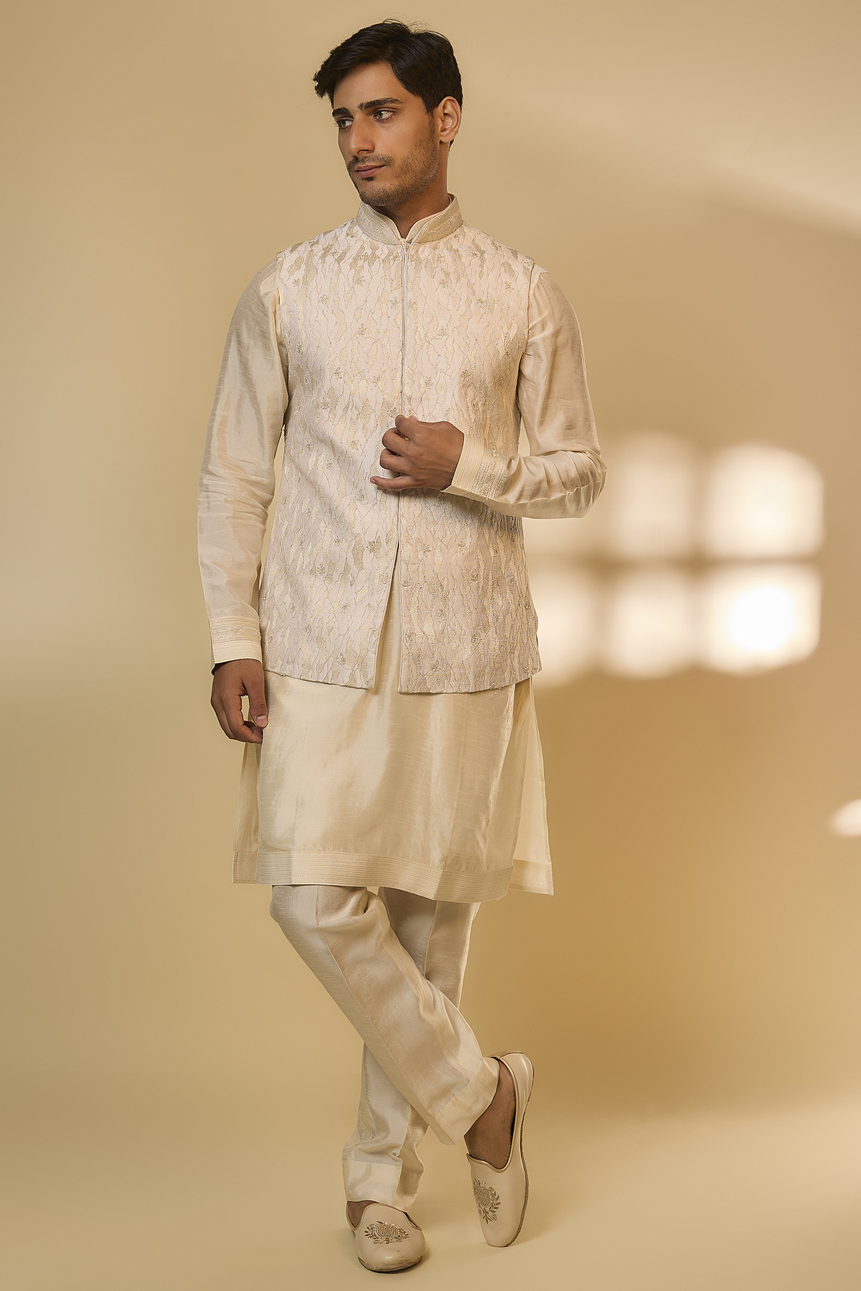 Pearl White Silk Self Embroidered Bundi Set by Vanshik
