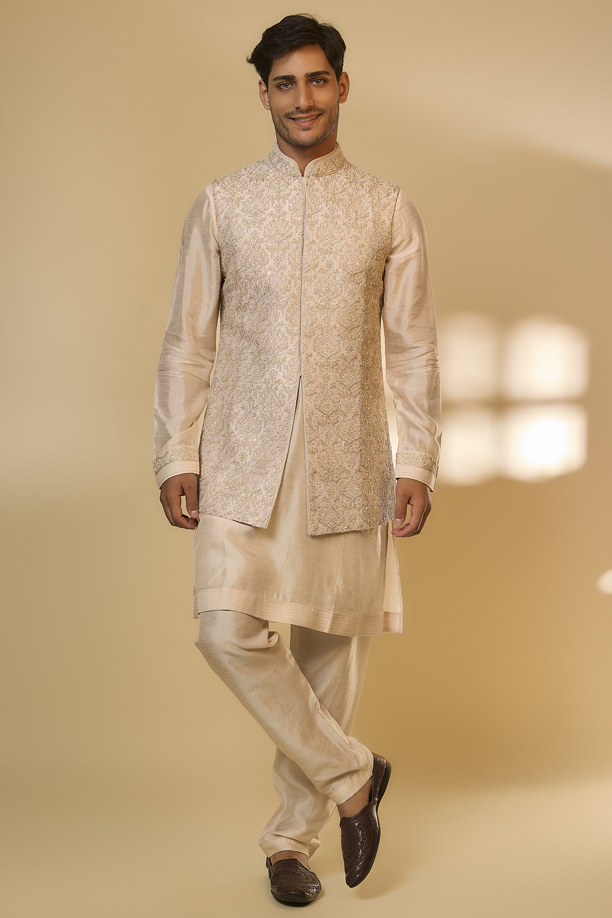 Blush Pink Silk Self Embroidered Bundi Set by Vanshik