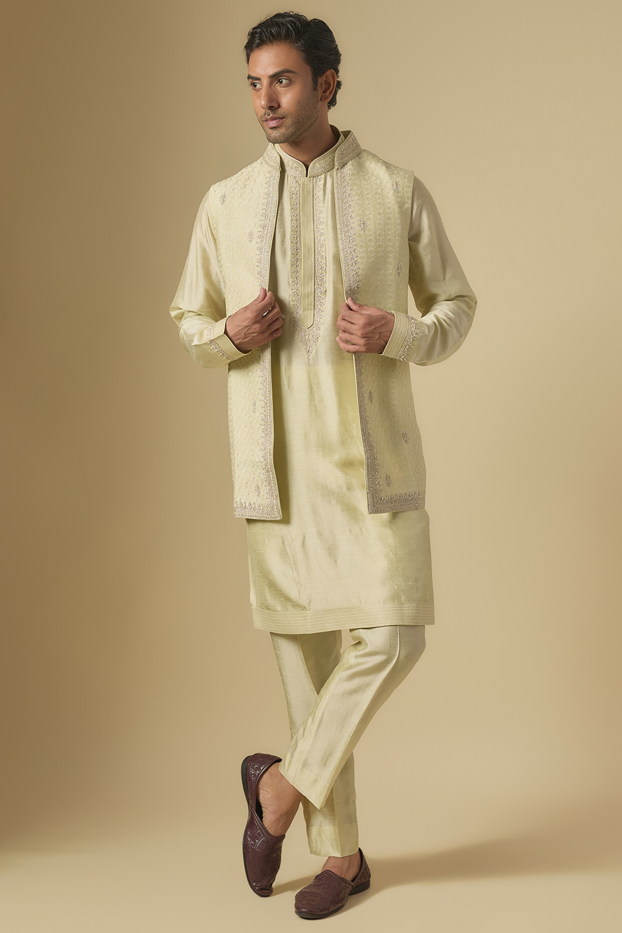Mint Soft Silk Bundi Jacket Set by Vanshik