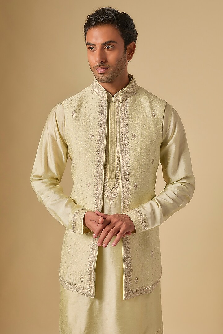 Mint Soft Silk Bundi Jacket Set by Vanshik at Pernia's Pop Up Shop