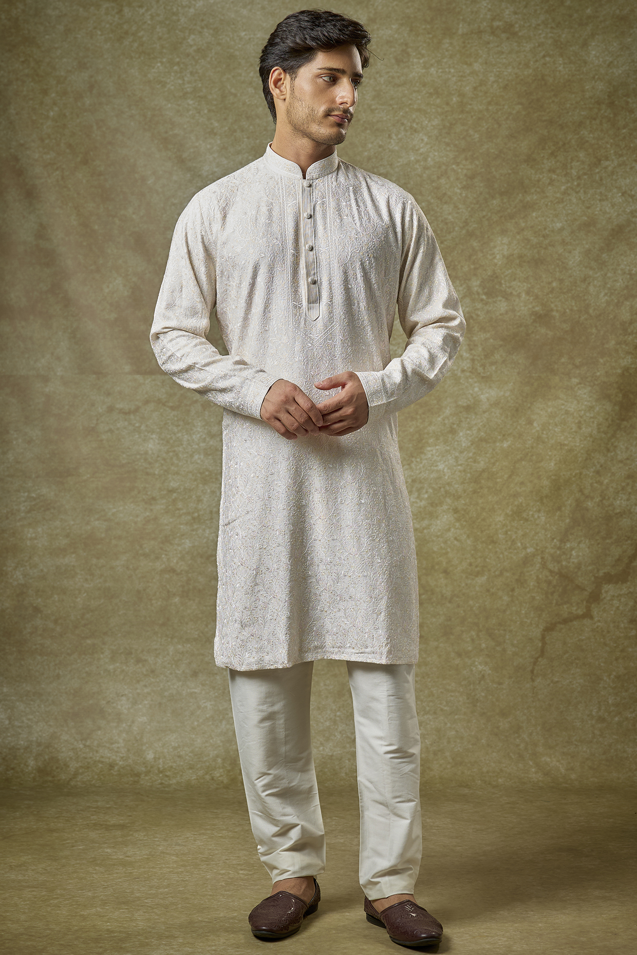 Ivory Silk Embroidered Kurta Set by Vanshik