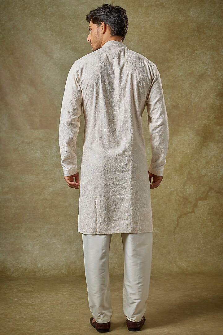 Ivory Silk Embroidered Kurta Set by Vanshik at Pernia's Pop Up Shop