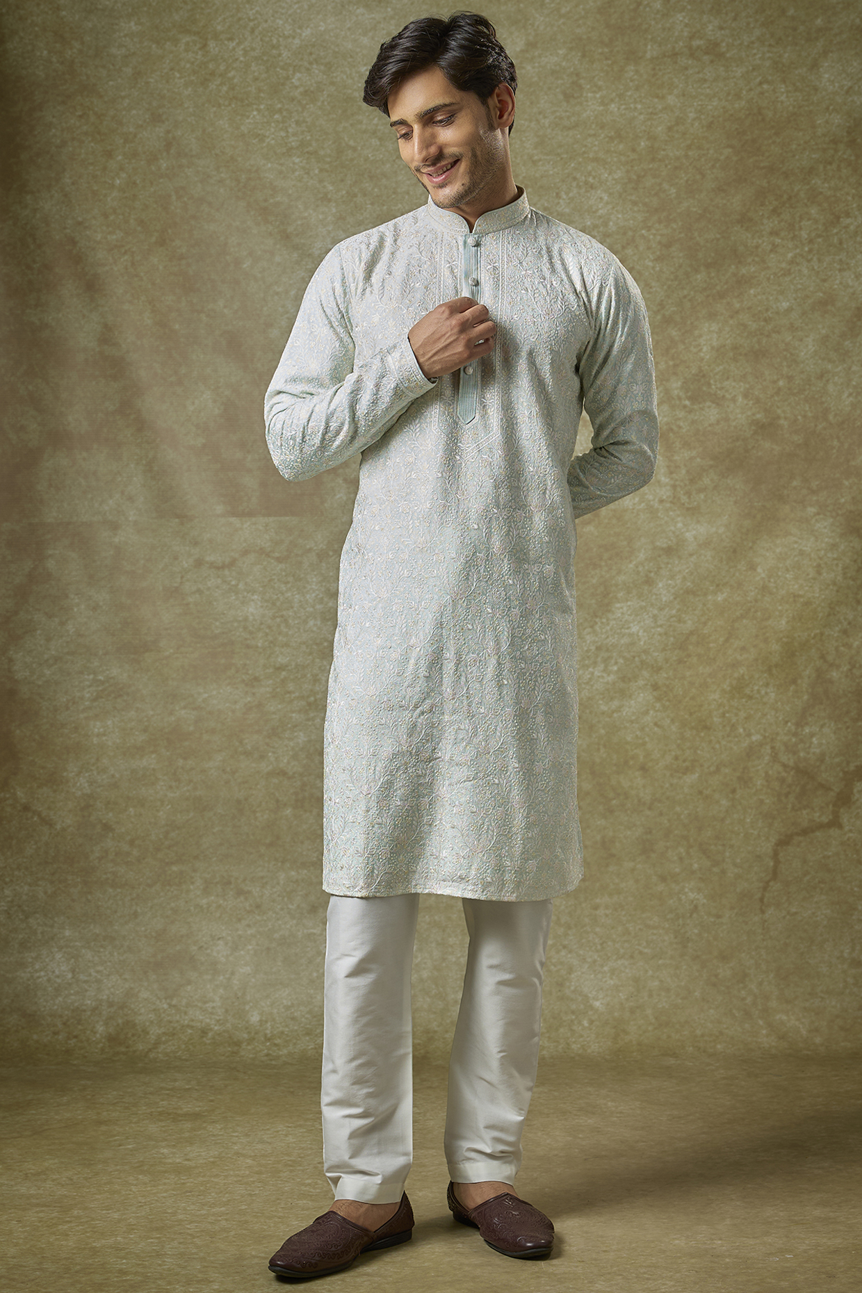 Aqua Silk Embroidered Kurta Set by Vanshik