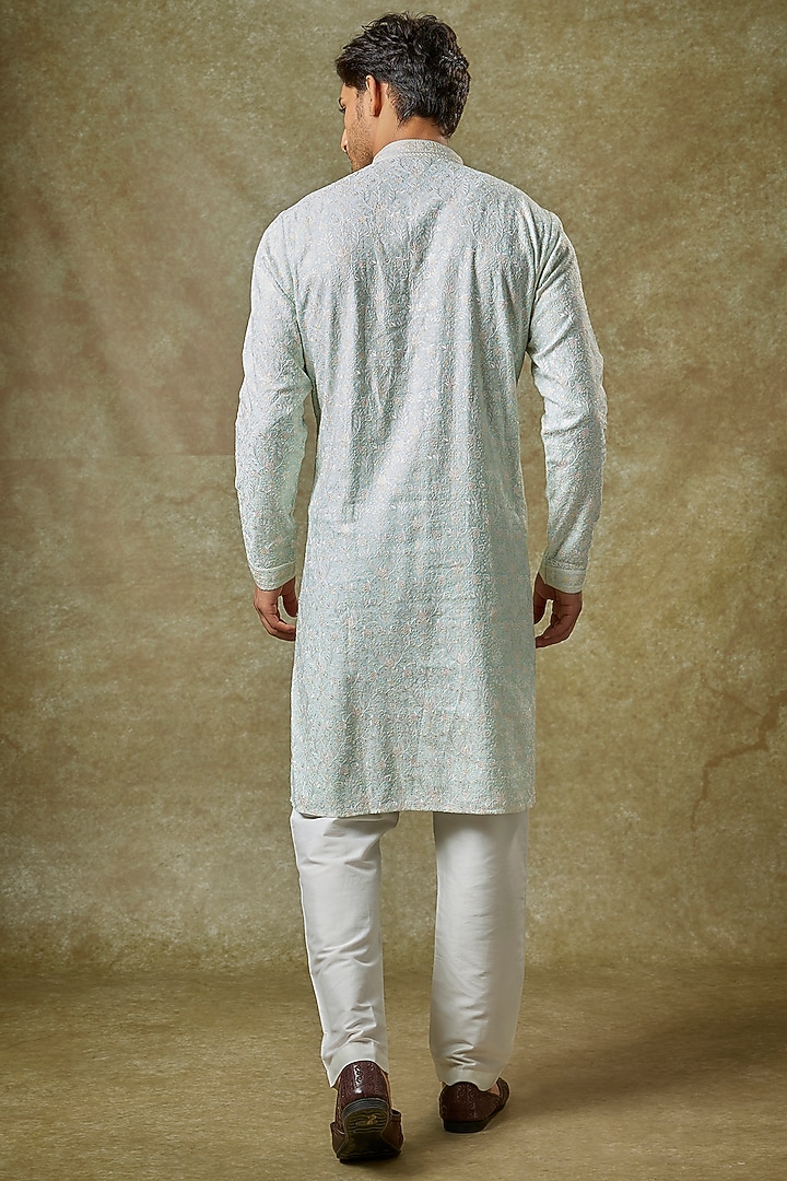 Aqua Silk Embroidered Kurta Set by Vanshik at Pernia's Pop Up Shop