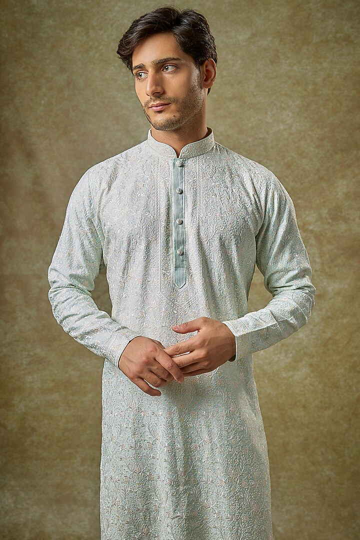 Aqua Silk Embroidered Kurta Set by Vanshik at Pernia's Pop Up Shop