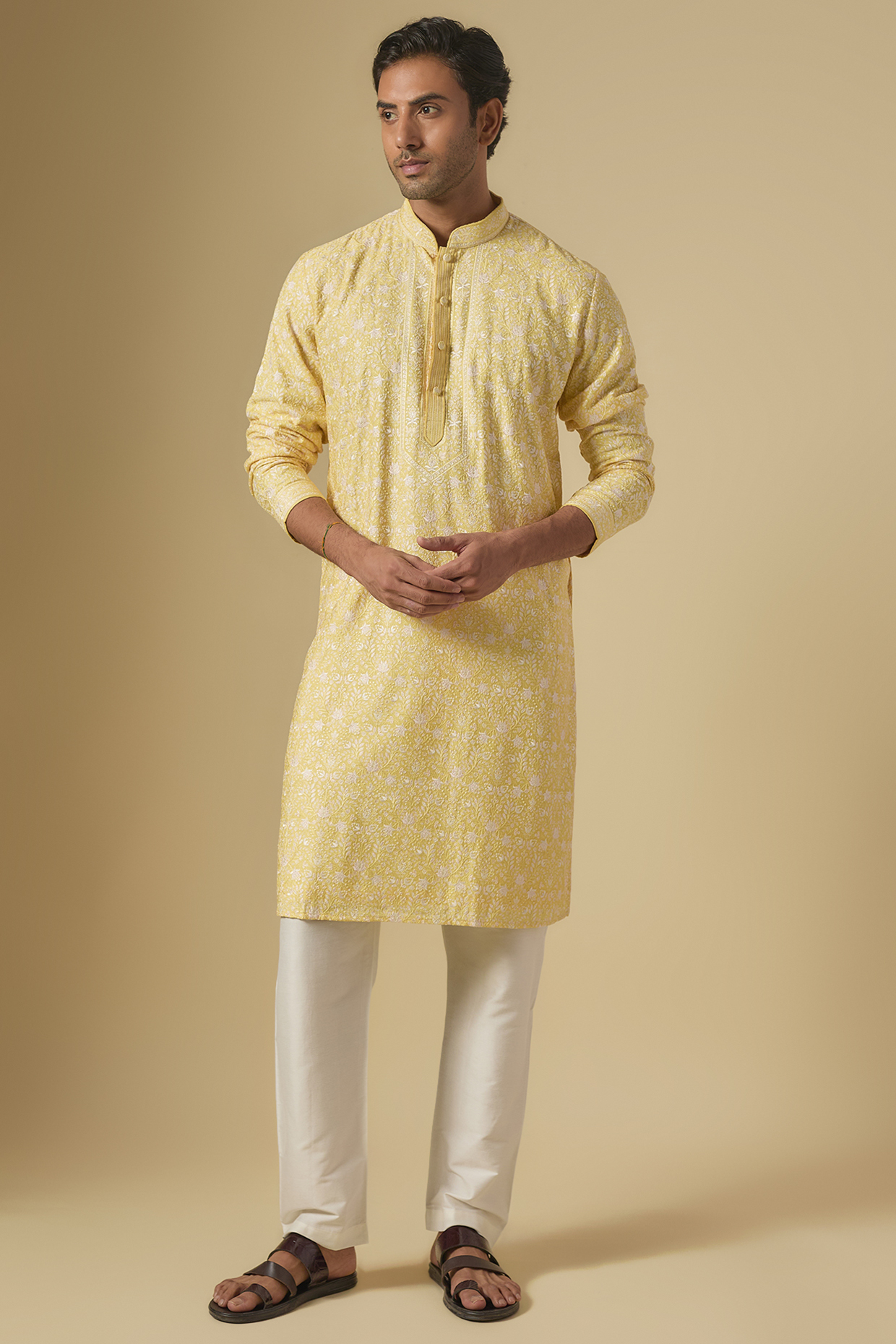 Yellow Silk Kurta Set by Vanshik
