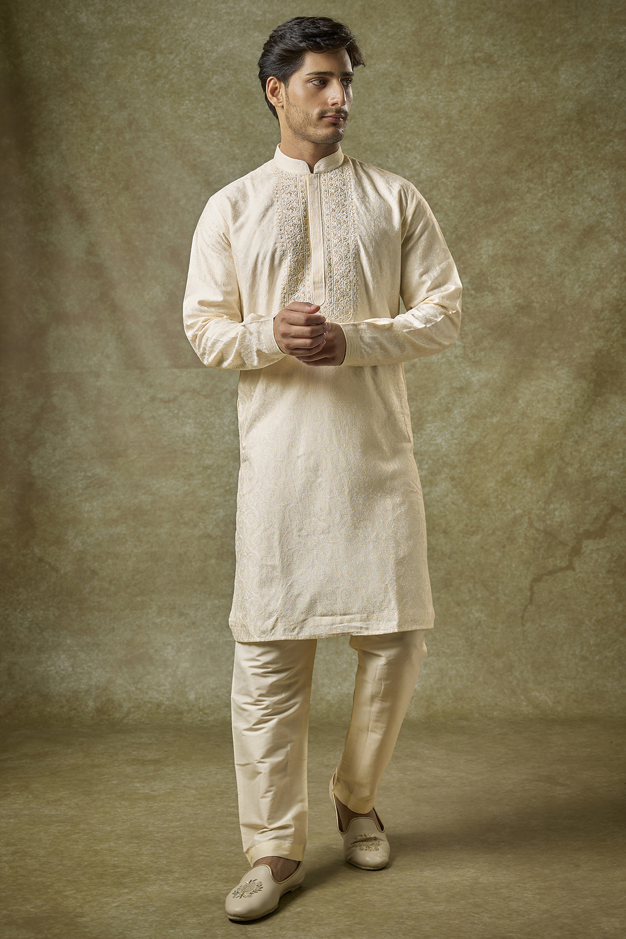 Pearl White Silk Embroidered Kurta Set by Vanshik