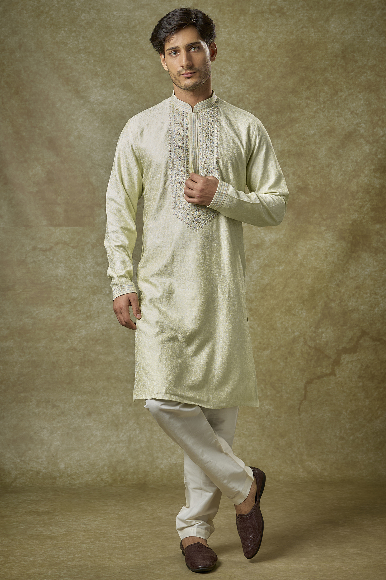 Mint Chanderi Silk French Knot Embroidered Kurta Set by Vanshik