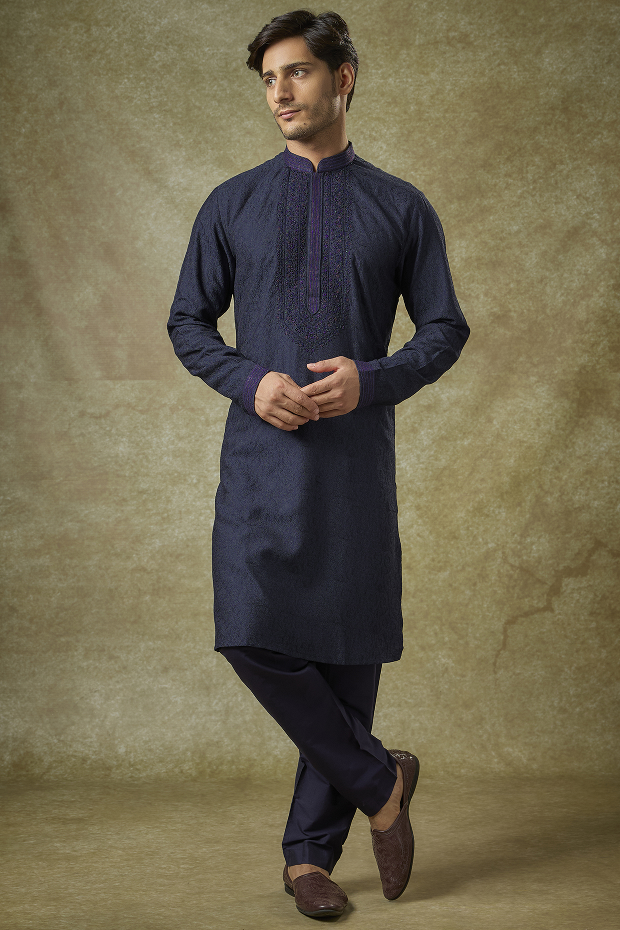 Ink Blue Silk Embroidered Kurta Set by Vanshik