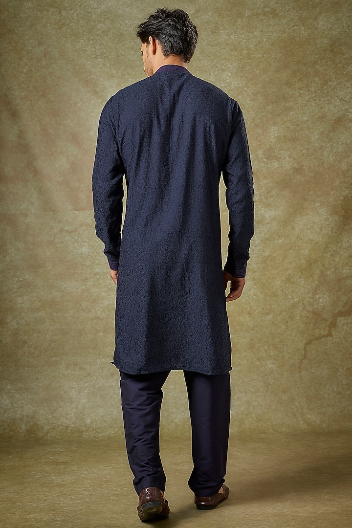 Ink Blue Silk Embroidered Kurta Set by Vanshik at Pernia's Pop Up Shop