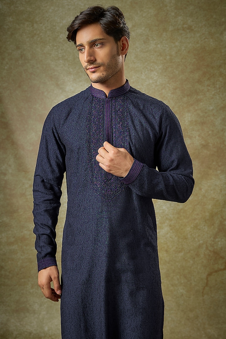 Ink Blue Silk Embroidered Kurta Set by Vanshik at Pernia's Pop Up Shop