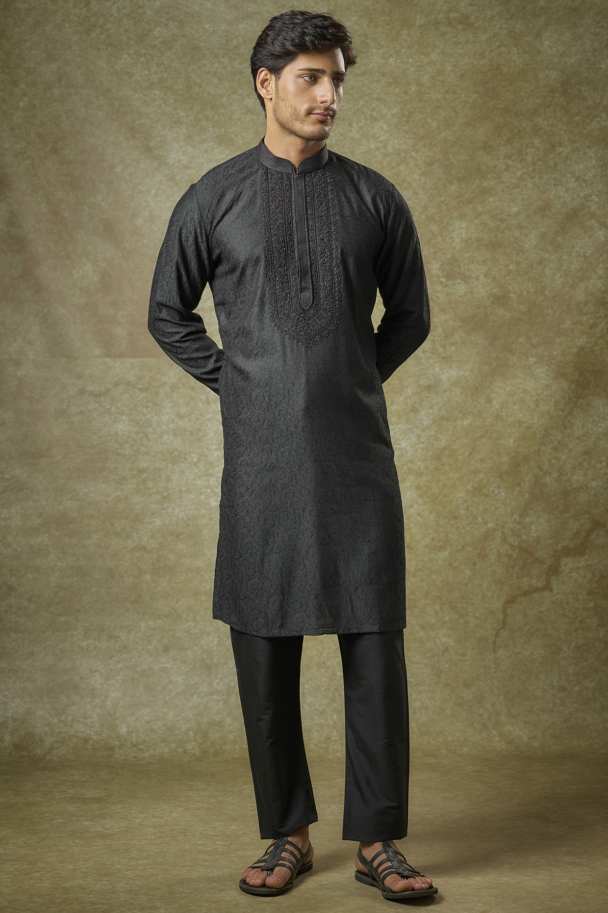 Black Chanderi Silk Embroidered Kurta Set by Vanshik
