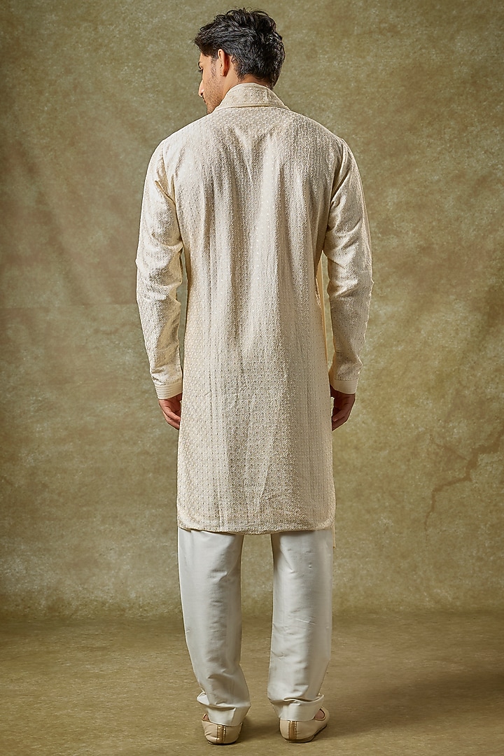 Pearl-Colored Silk Zardosi Embroidered Kurta Set by Vanshik at Pernia's Pop Up Shop