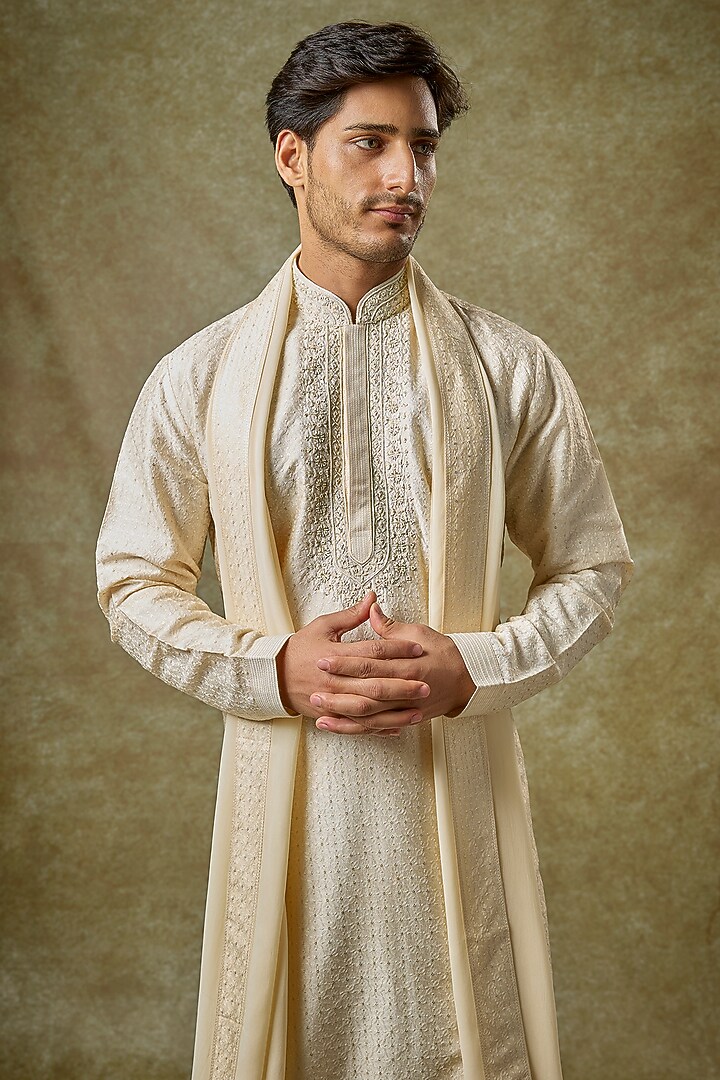 Pearl-Colored Silk Zardosi Embroidered Kurta Set by Vanshik at Pernia's Pop Up Shop