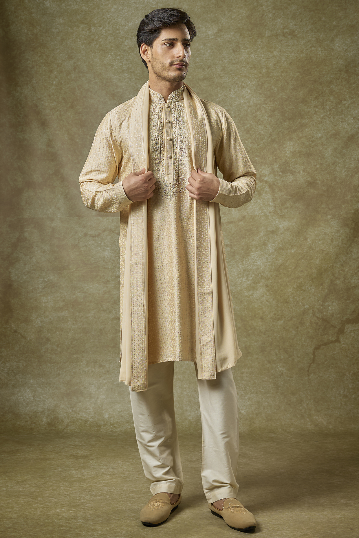 Gold Silk Embroidered Kurta Set by Vanshik