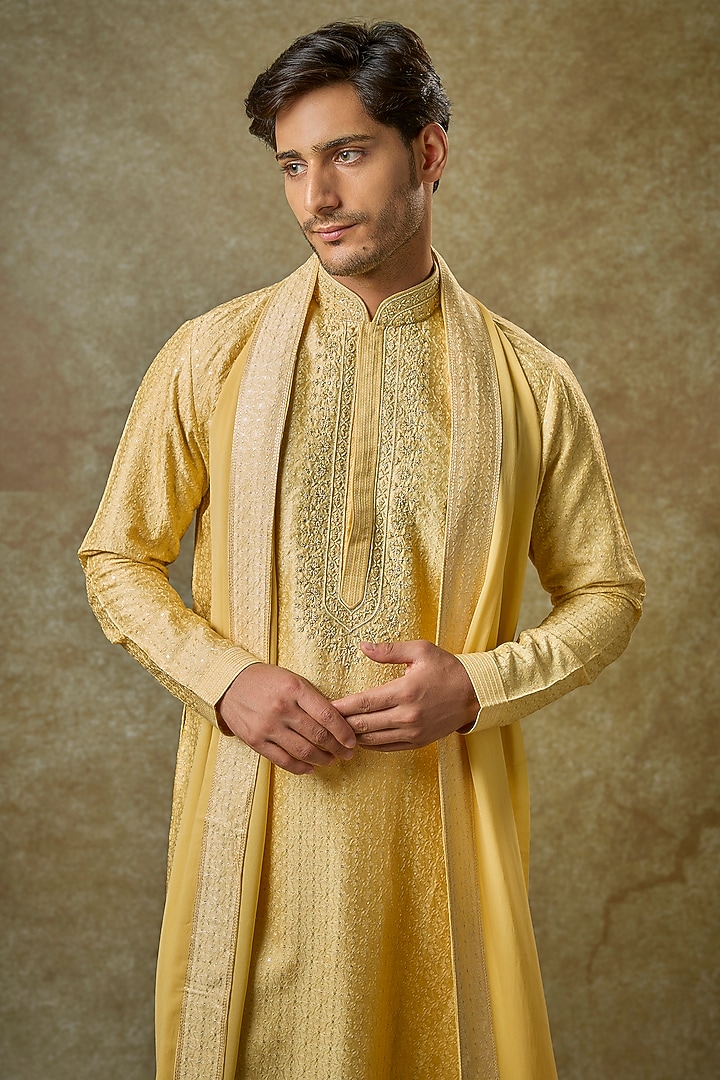 Yellow Silk Zardosi Embroidered Kurta Set by Vanshik at Pernia's Pop Up Shop