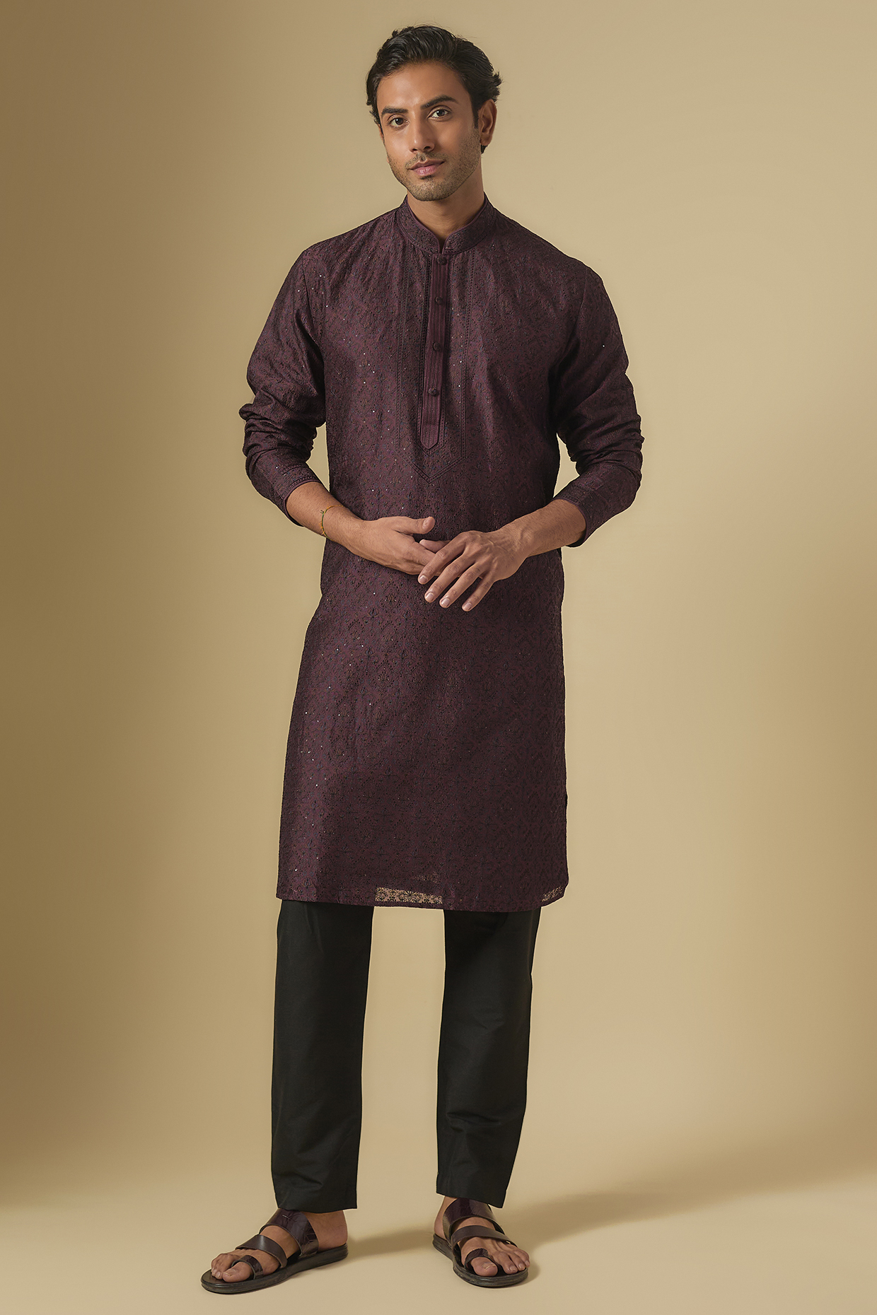 Wine Silk Kurta Set by Vanshik