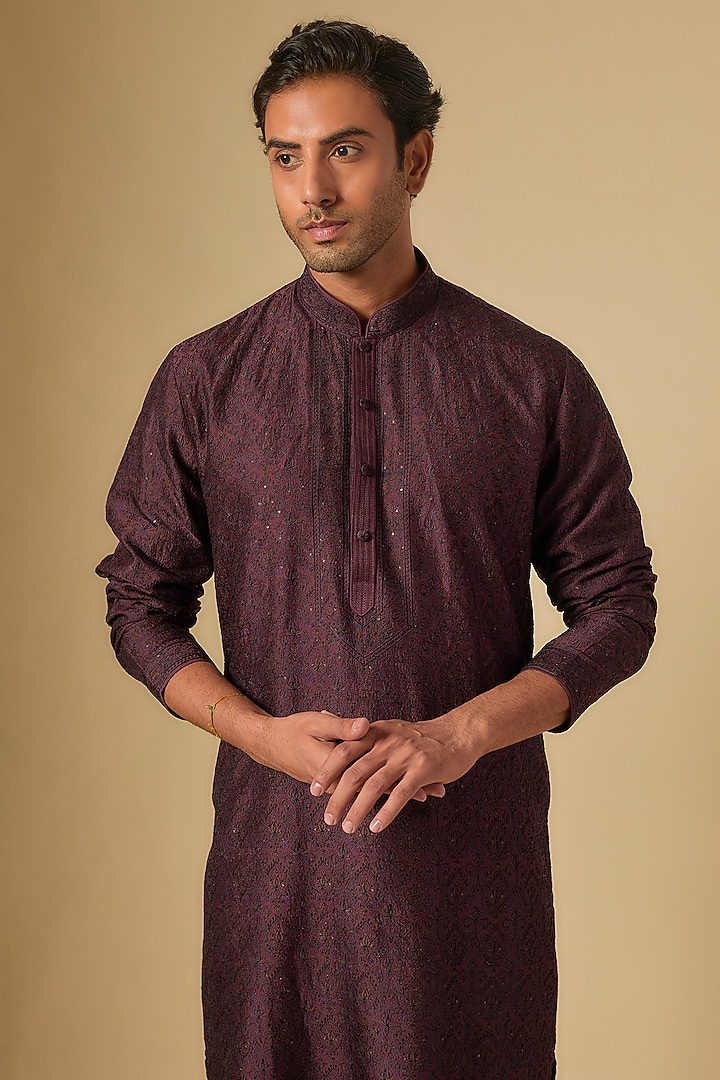 Wine Silk Kurta Set by Vanshik at Pernia's Pop Up Shop
