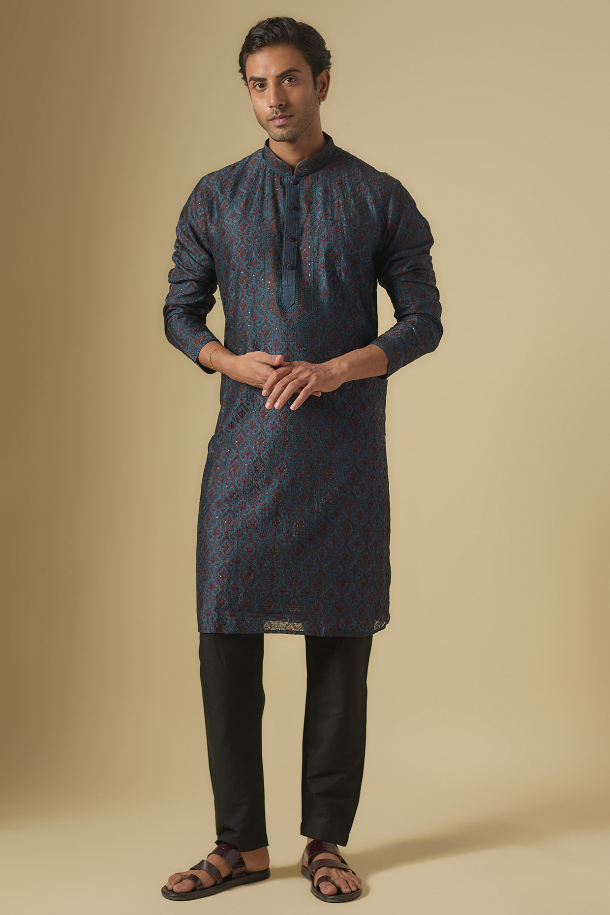 Teal Silk Kurta Set by Vanshik