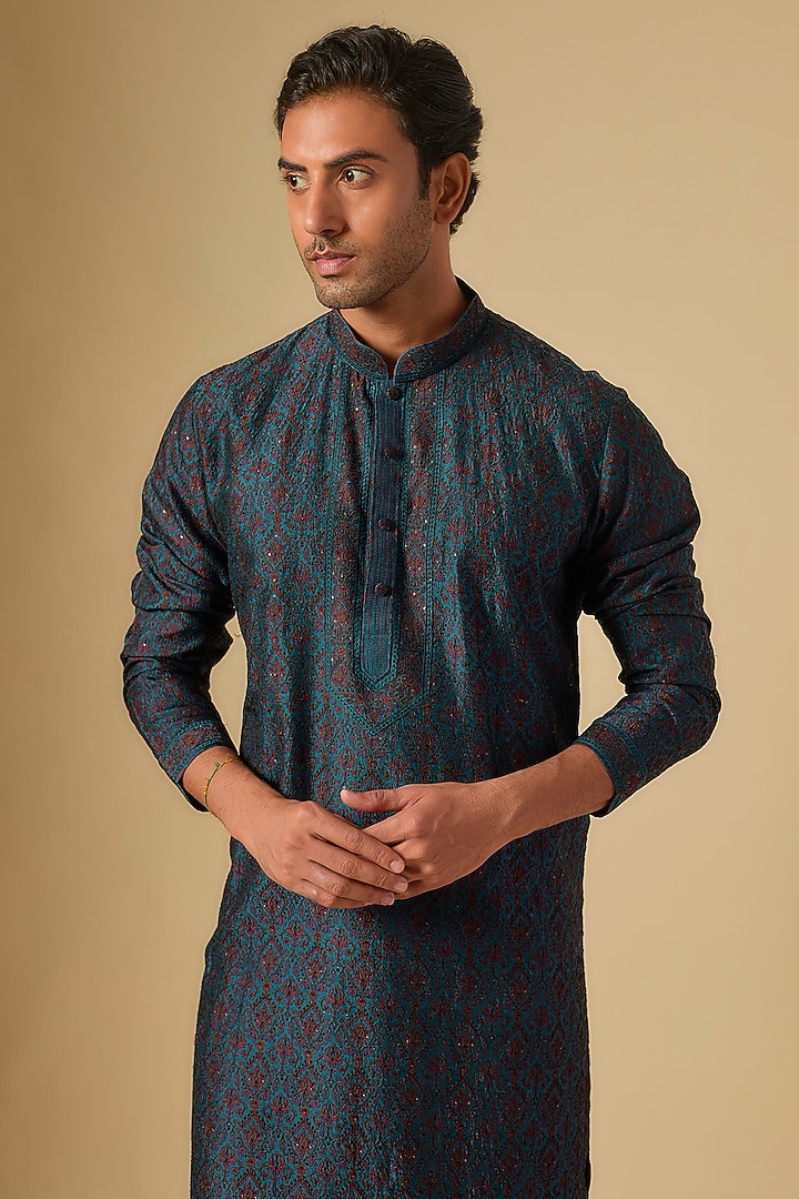 Teal Silk Kurta Set by Vanshik at Pernia's Pop Up Shop