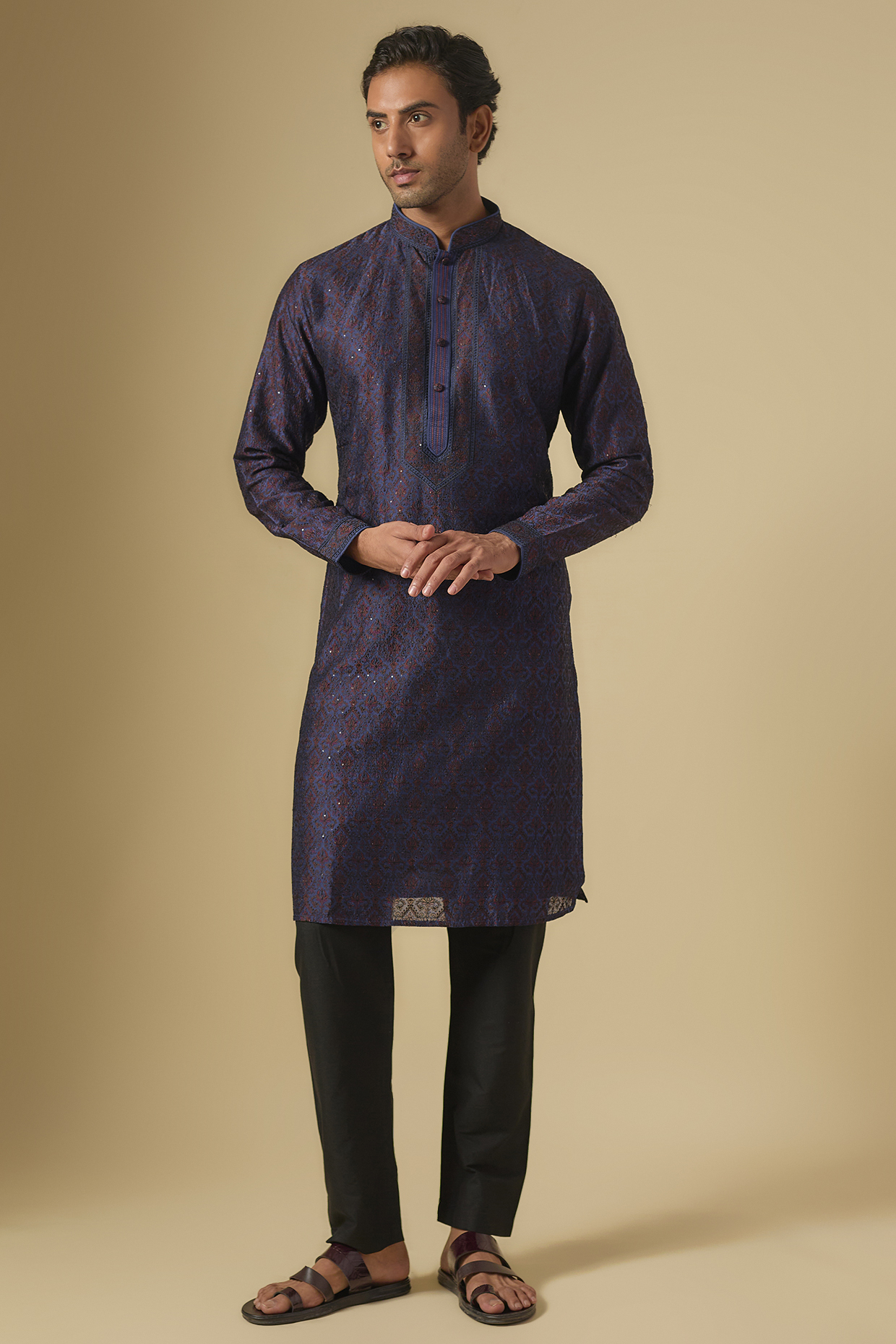 Ink Blue Silk Kurta Set by Vanshik