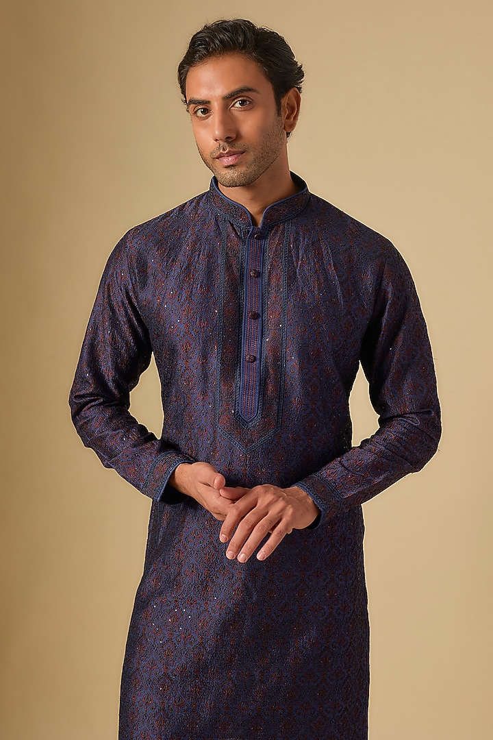 Ink Blue Silk Kurta Set by Vanshik at Pernia's Pop Up Shop