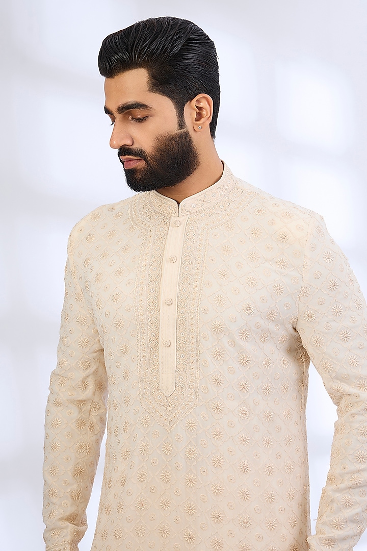 Pearl-Colored Silk Kurta Set by Vanshik at Pernia's Pop Up Shop