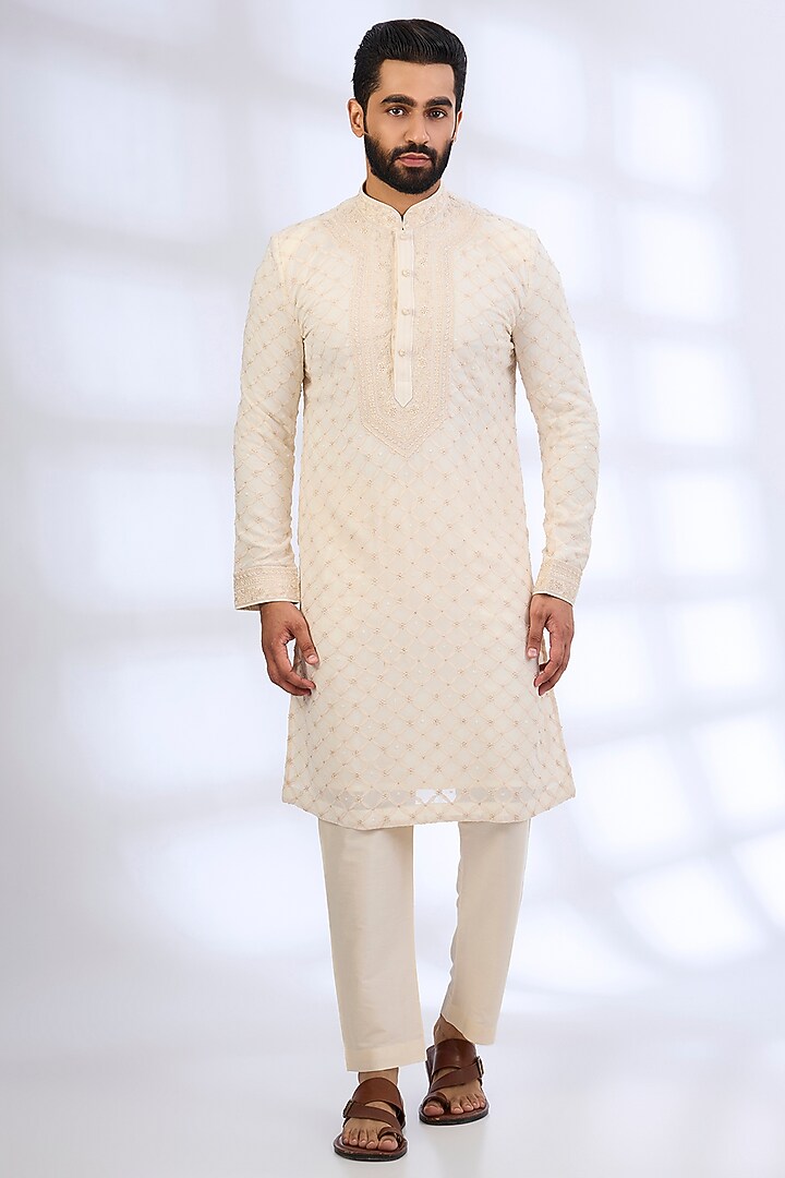 Pearl-Colored Silk Kurta Set by Vanshik at Pernia's Pop Up Shop
