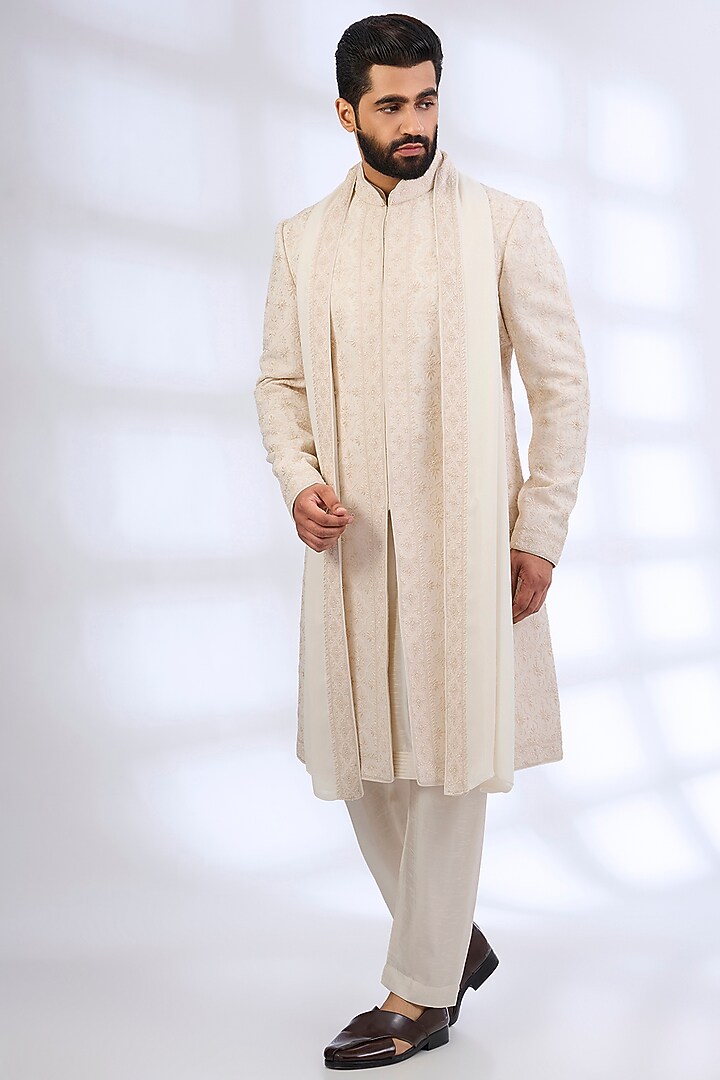 Pearl-Colored Silk Groom Sherwani Set by Vanshik at Pernia's Pop Up Shop