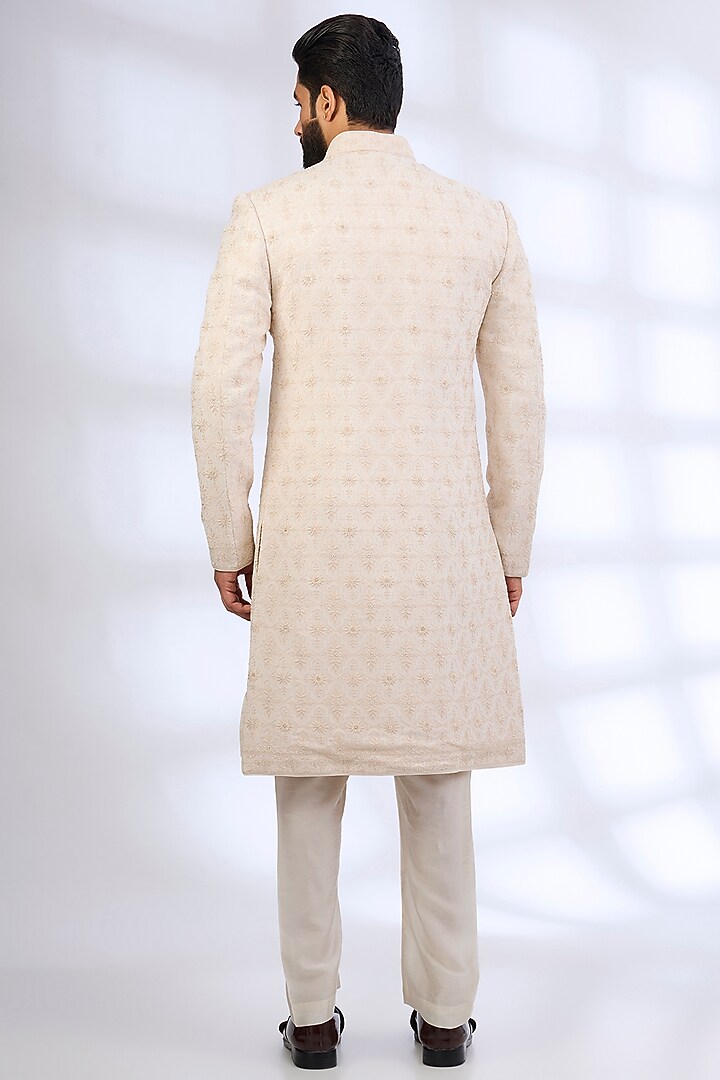 Pearl-Colored Silk Groom Sherwani Set by Vanshik at Pernia's Pop Up Shop