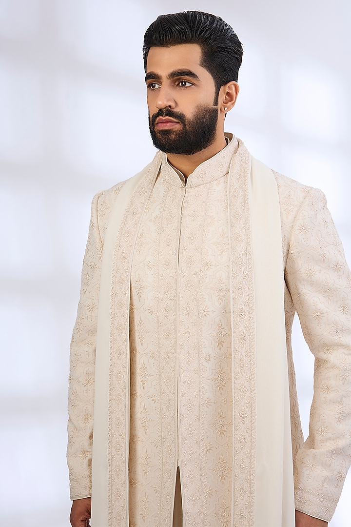 Pearl-Colored Silk Groom Sherwani Set by Vanshik at Pernia's Pop Up Shop