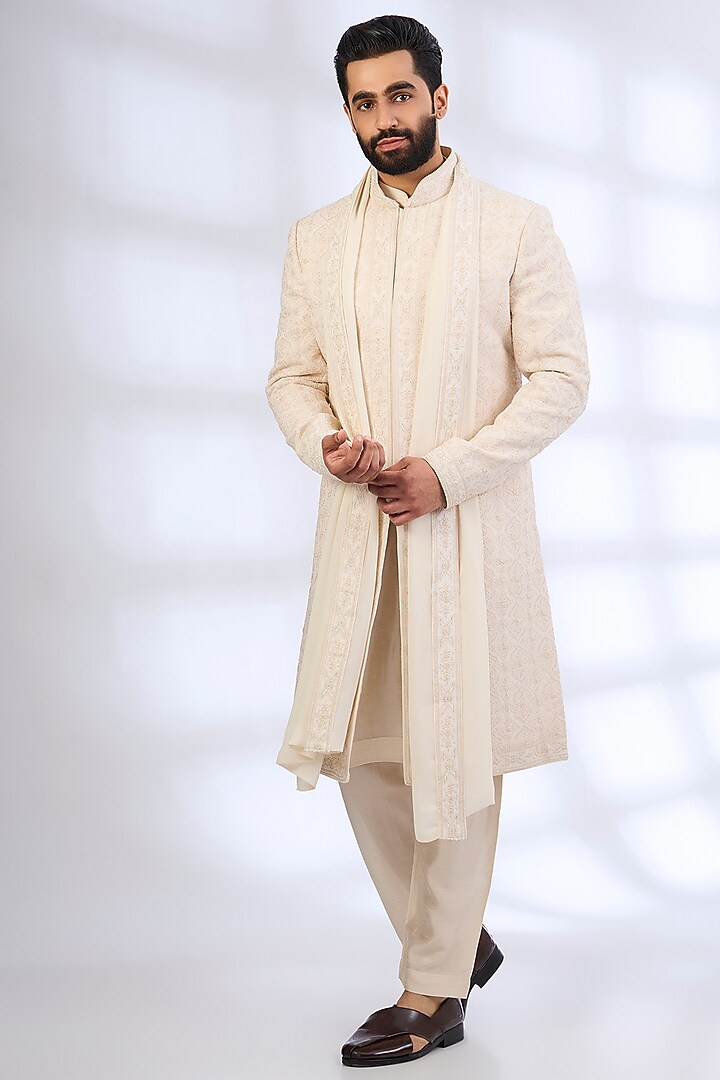 Pearl-Colored Silk Groom Sherwani Set by Vanshik at Pernia's Pop Up Shop