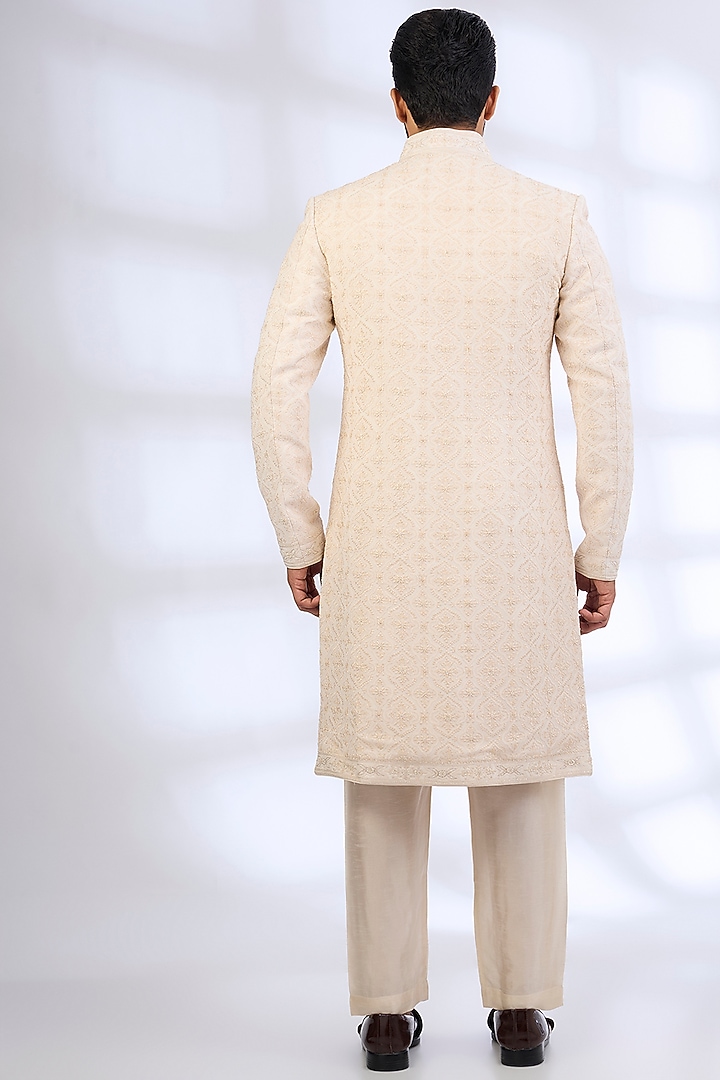 Pearl-Colored Silk Groom Sherwani Set by Vanshik at Pernia's Pop Up Shop