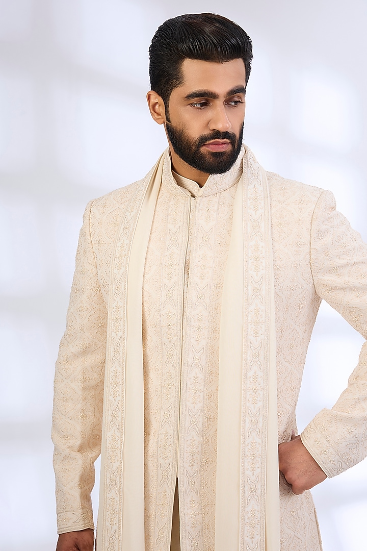 Pearl-Colored Silk Groom Sherwani Set by Vanshik at Pernia's Pop Up Shop