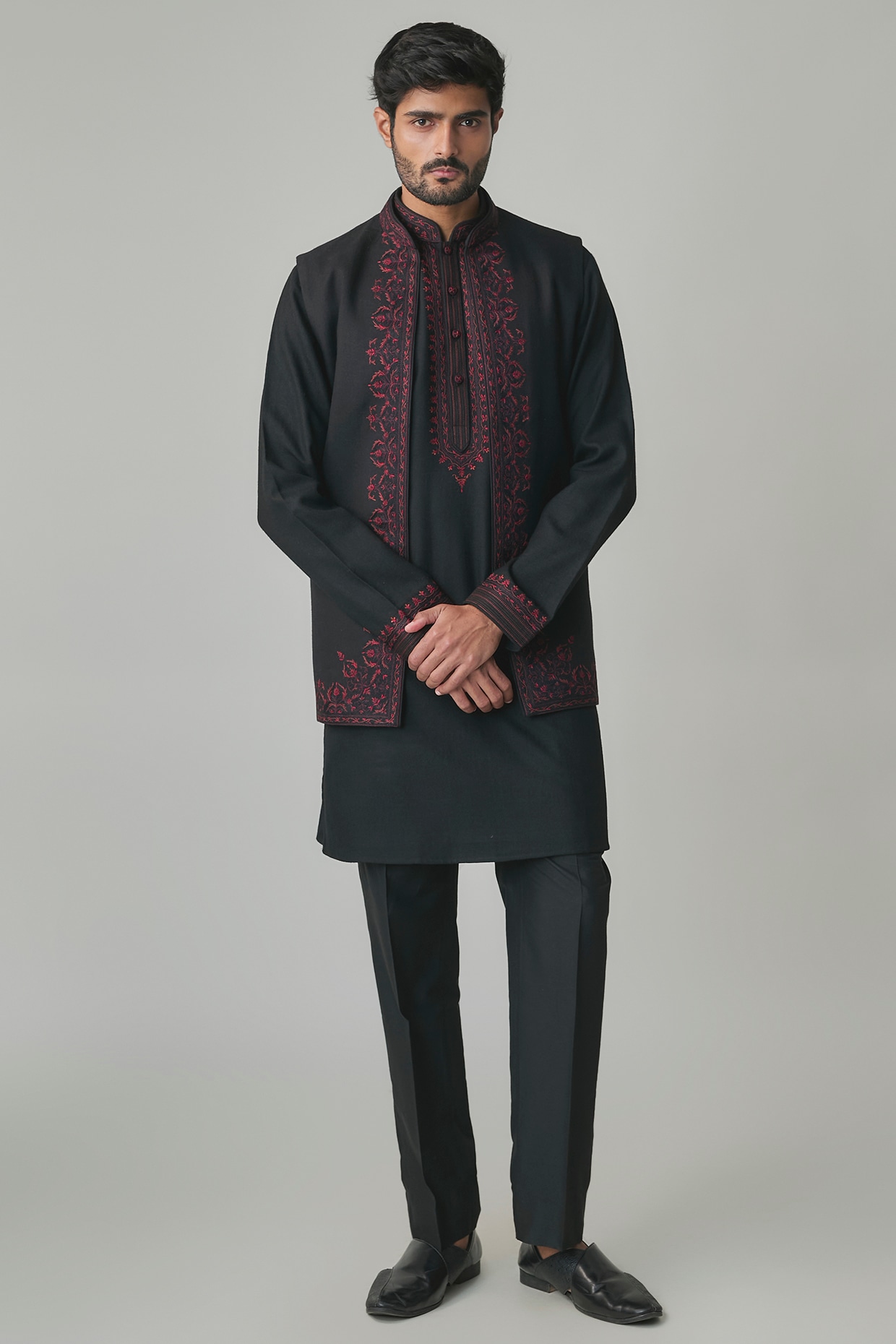 Vanshik Black Silk Bundi Jacket Set