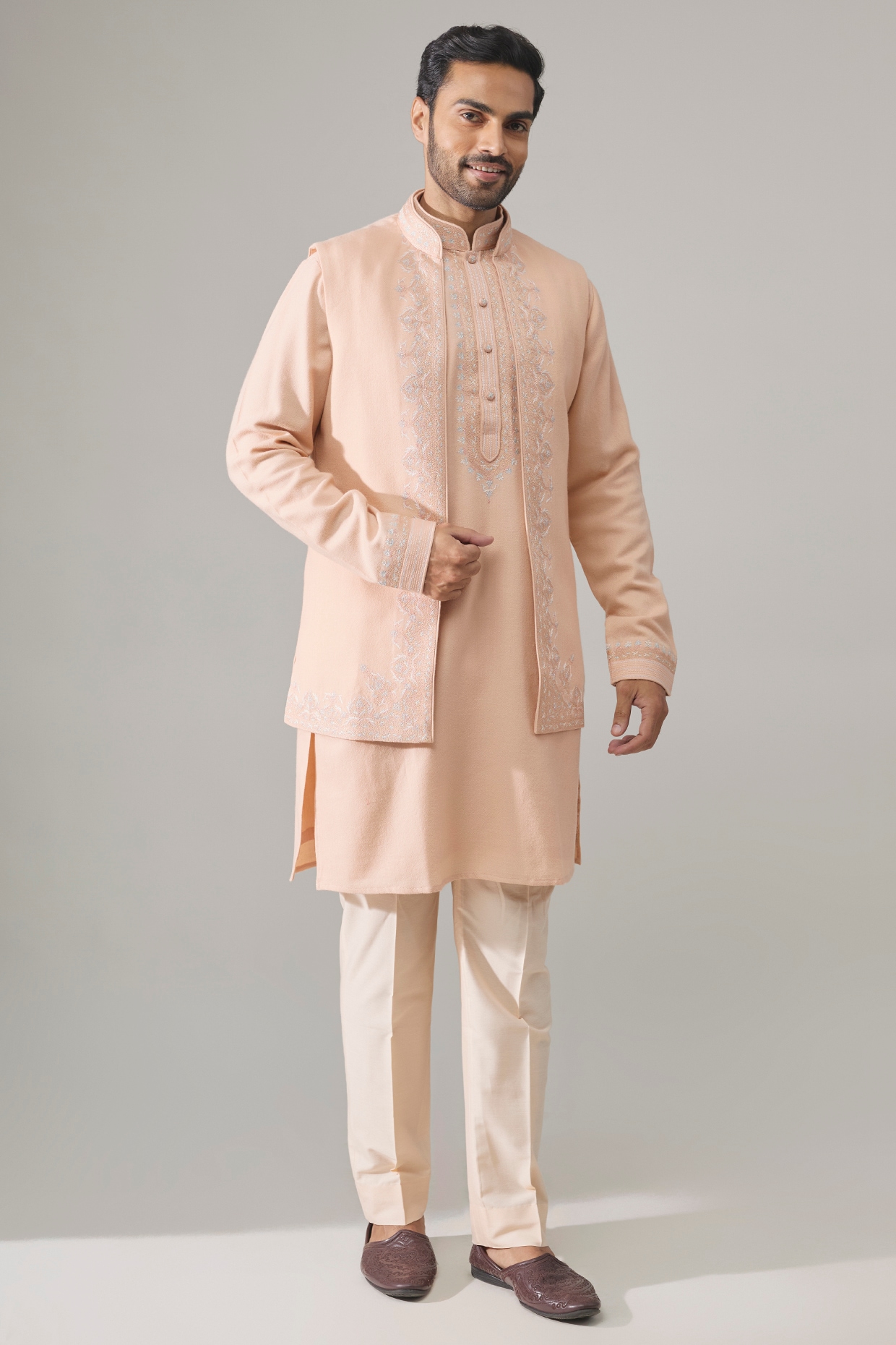 Vanshik Blush Pink Silk Bundi Jacket Set
