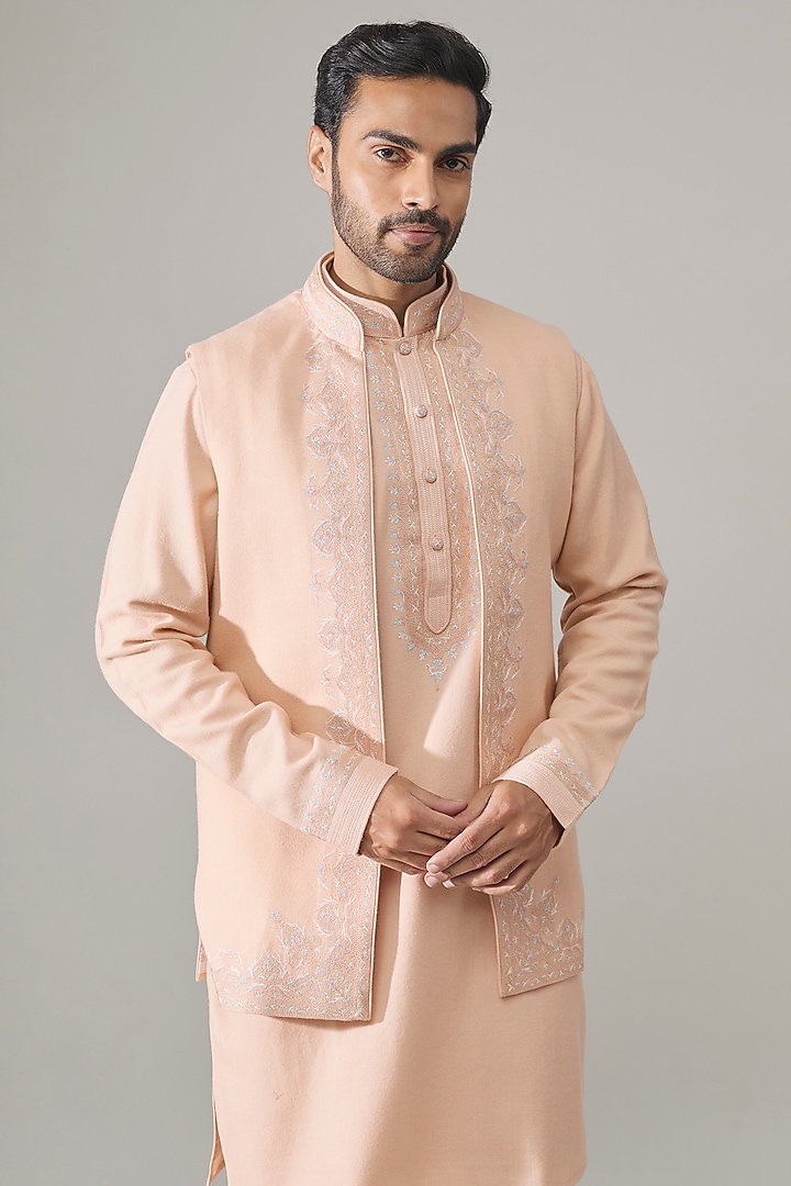 Blush Pink Silk Bundi Jacket Set by Vanshik at Pernia's Pop Up Shop