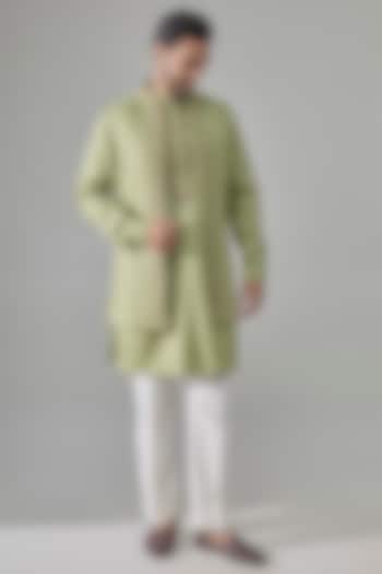 Olive Green Silk Bundi Jacket Set by Vanshik at Pernia's Pop Up Shop