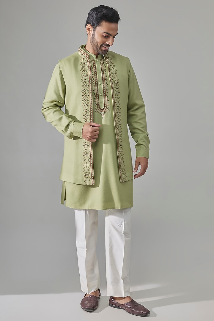 Olive Green Silk Bundi Jacket Set by Vanshik at Pernia's Pop Up Shop