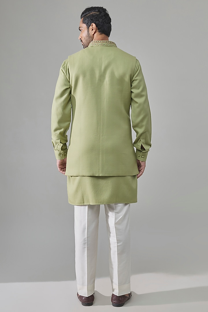 Olive Green Silk Bundi Jacket Set by Vanshik at Pernia's Pop Up Shop