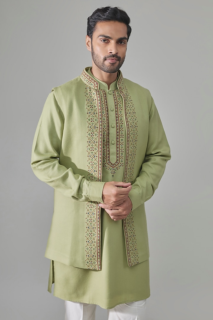 Olive Green Silk Bundi Jacket Set by Vanshik at Pernia's Pop Up Shop