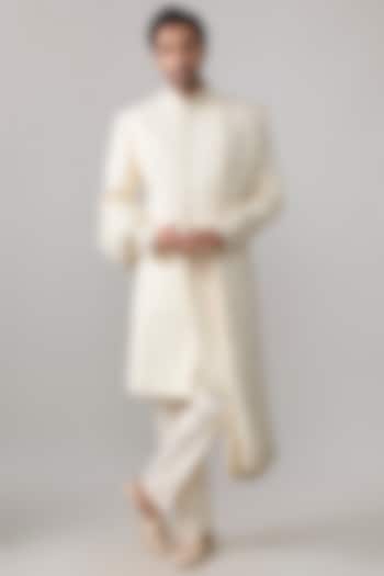 Pearl-Colored Silk Groom Sherwani Set by Vanshik at Pernia's Pop Up Shop