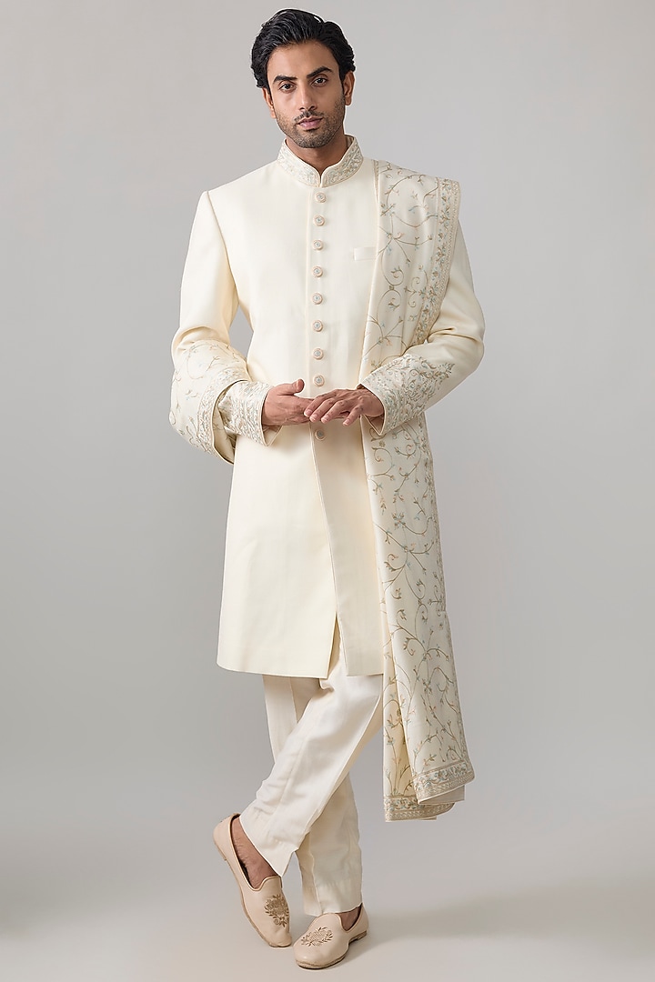 Pearl-Colored Silk Groom Sherwani Set by Vanshik at Pernia's Pop Up Shop