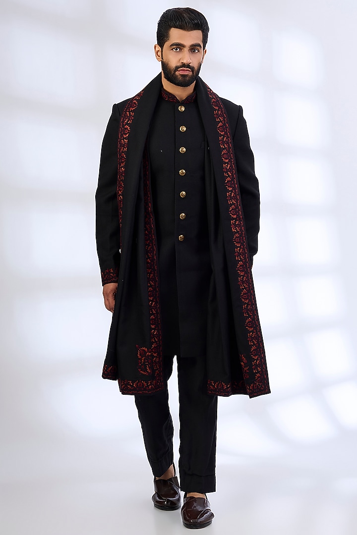 Black Silk Groom Sherwani Set by Vanshik at Pernia's Pop Up Shop
