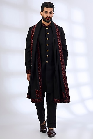 Black Silk Sherwani Set by Vanshik