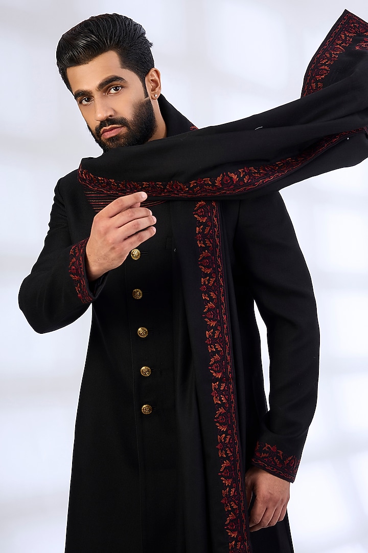 Black Silk Groom Sherwani Set by Vanshik at Pernia's Pop Up Shop